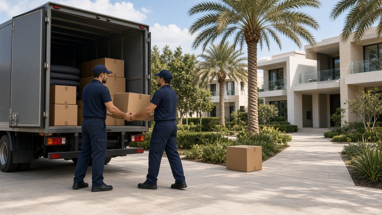 Packed boxes and wrapped furniture ready for Dubai to Abu Dhabi movers