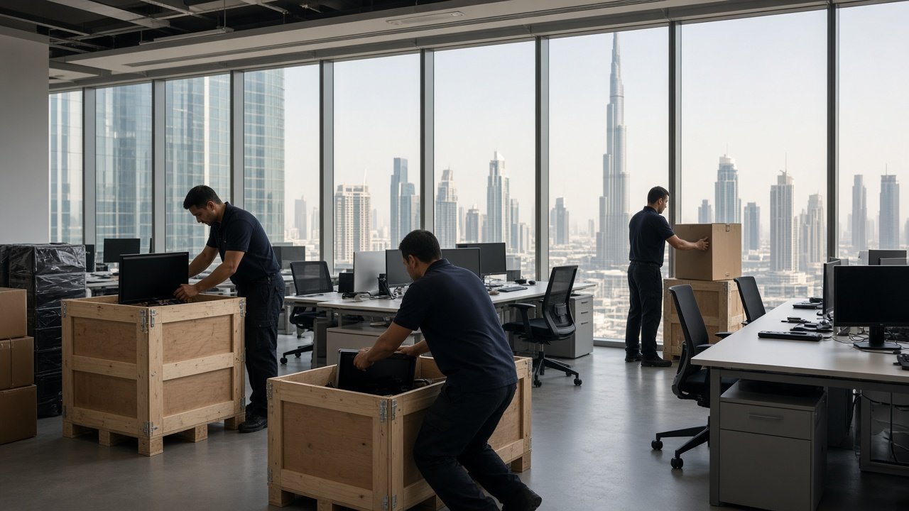 Movers in Business Bay packing office desks and equipment