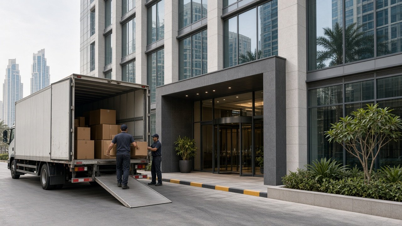 Movers in Business Bay moving furniture beside the Dubai Water Canal