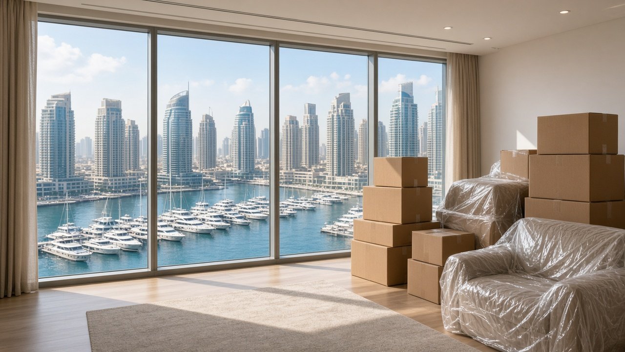 Movers in Dubai Marina wrapping furniture for a service lift in a high-rise tower