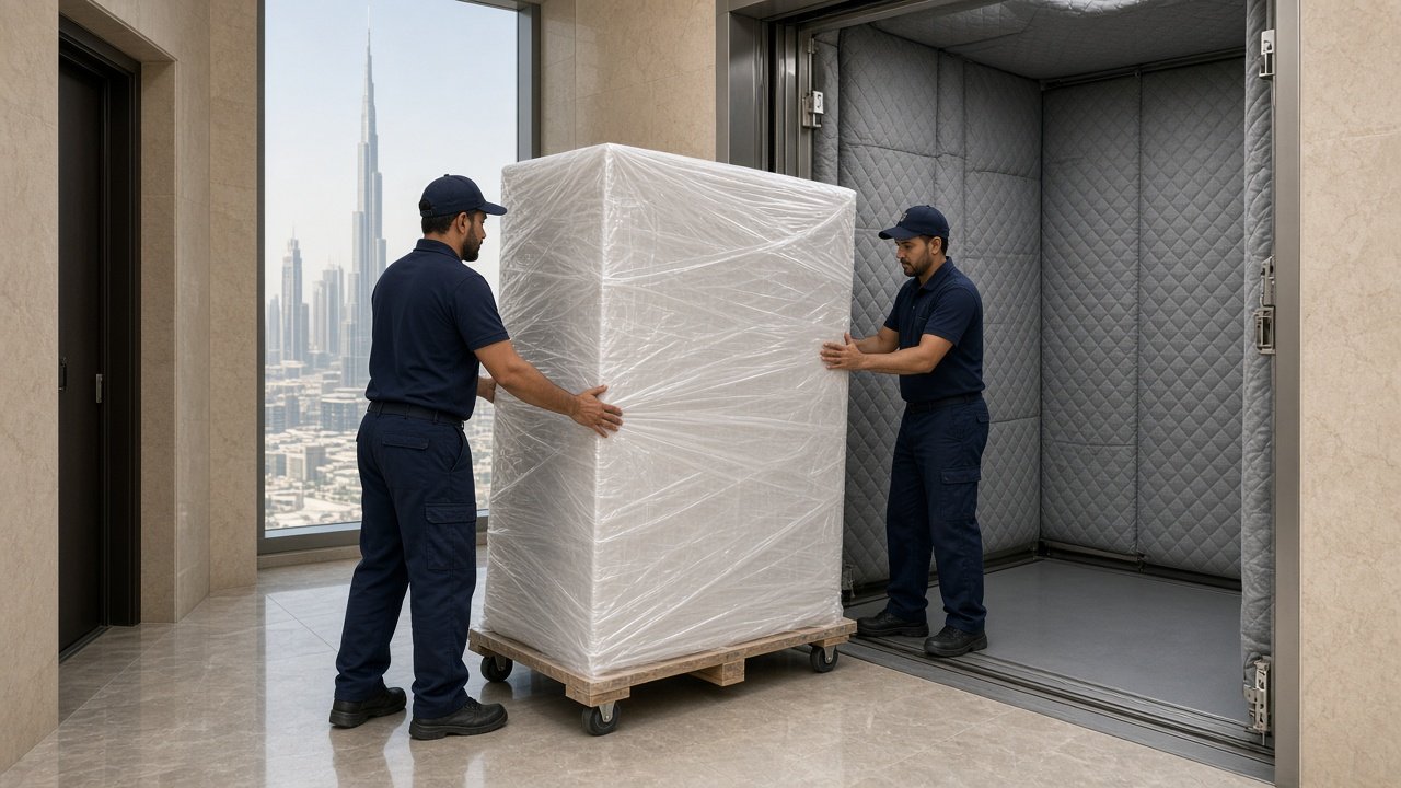 Moving crew carrying boxes to a truck for movers in Dubai Marina