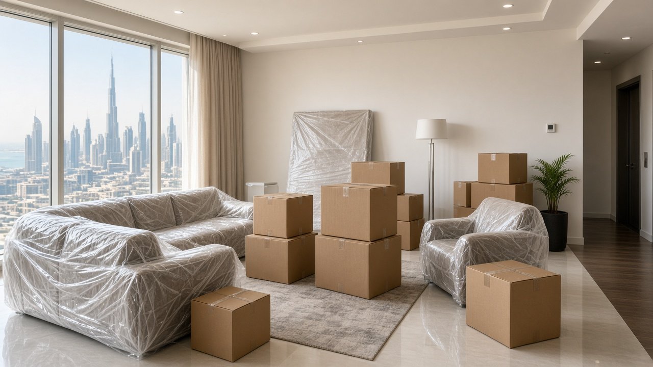 Packed living room with labelled moving boxes ready for movers in JVC Dubai