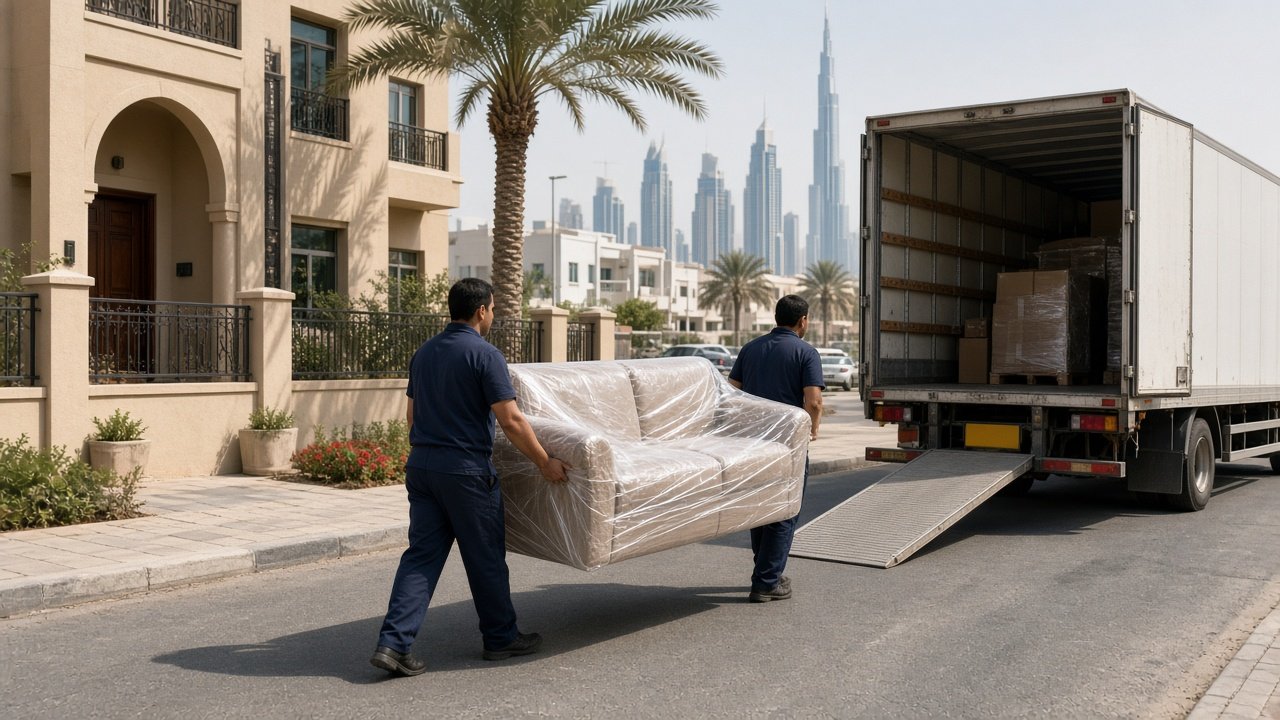 Moving crew carrying furniture to a truck for a JVC Dubai home move