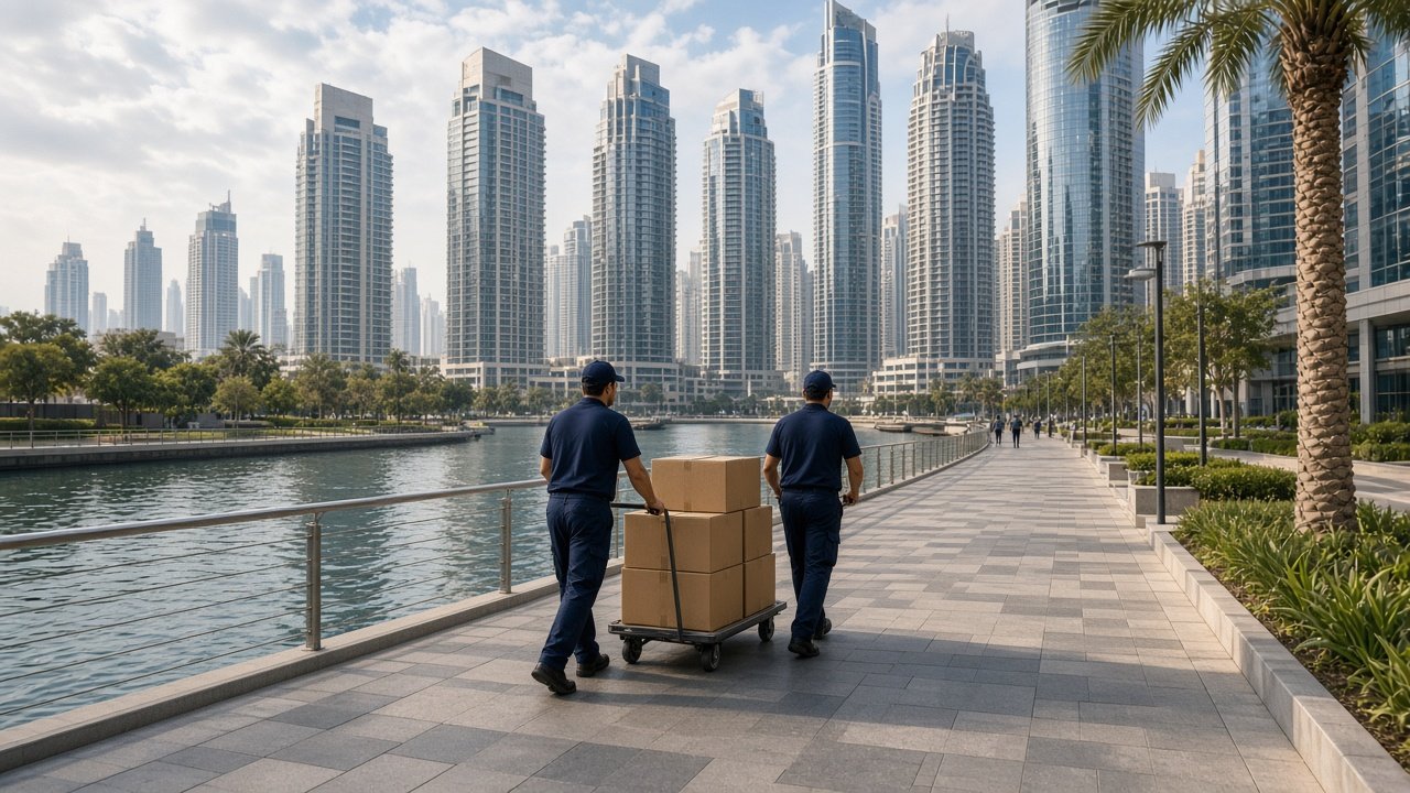 Movers in Business Bay unloading boxes outside a residential tower