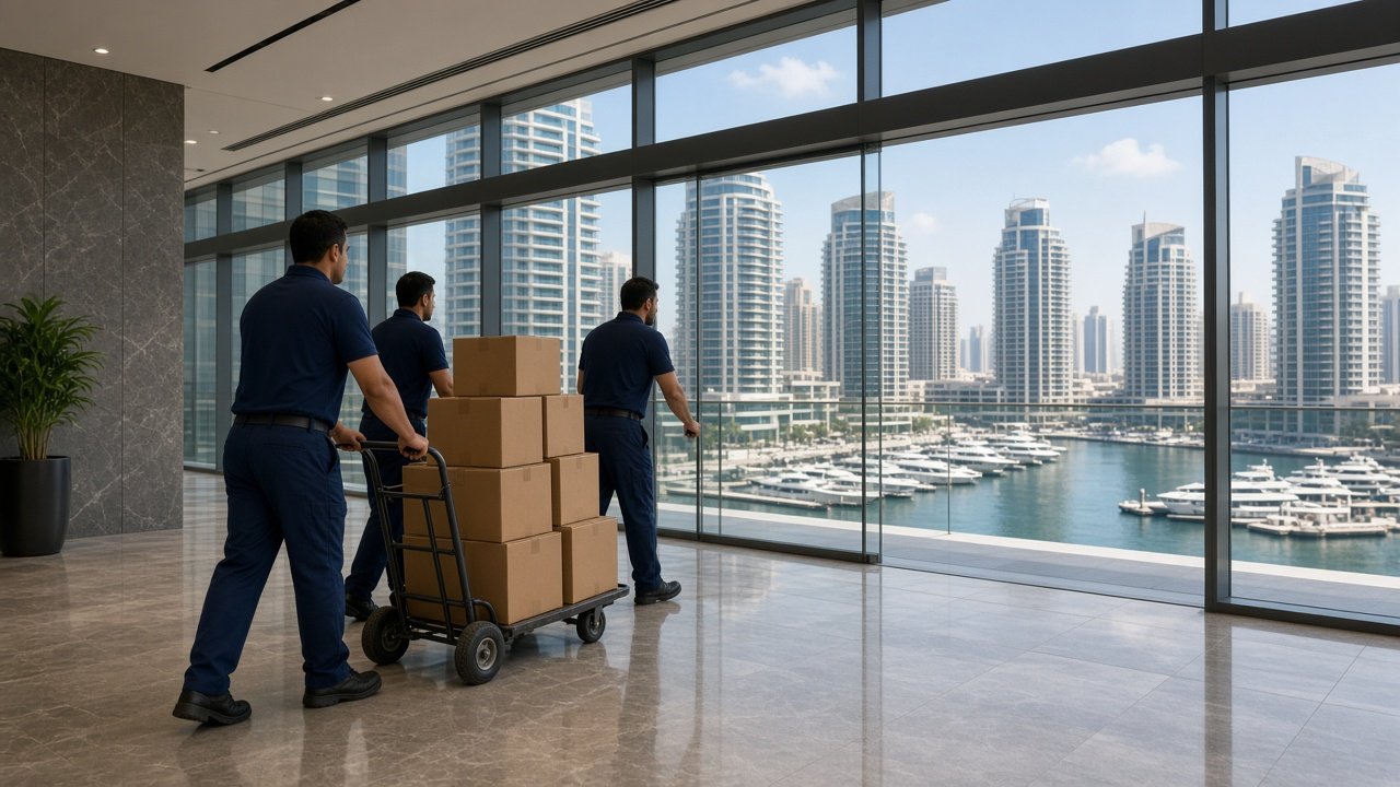 Movers in Dubai Marina loading a van outside a high-rise residential tower