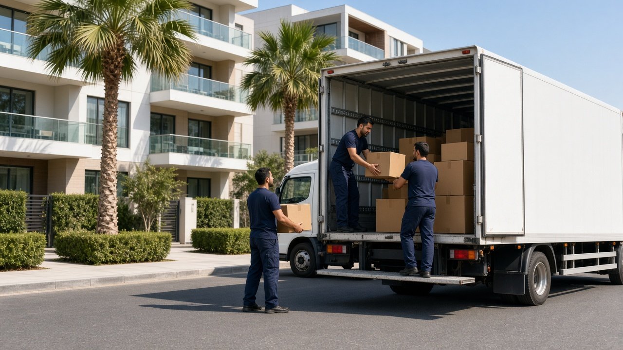Movers in JVC Dubai loading boxes outside a Jumeirah Village Circle apartment building